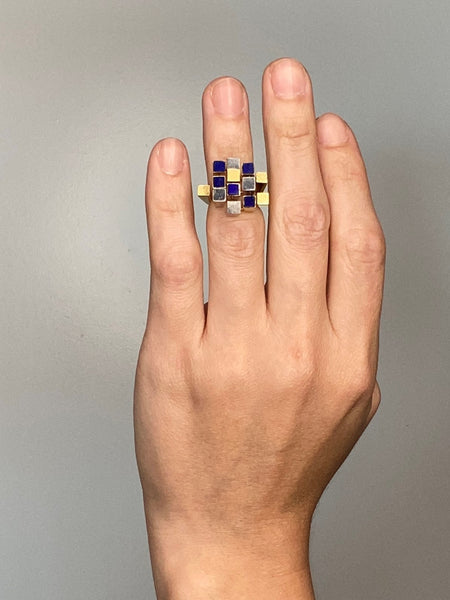 Cartier 1960 Rare Cubism Geometric Cocktail Ring In 18Kt Yellow Gold With Carved Lapis Lazuli