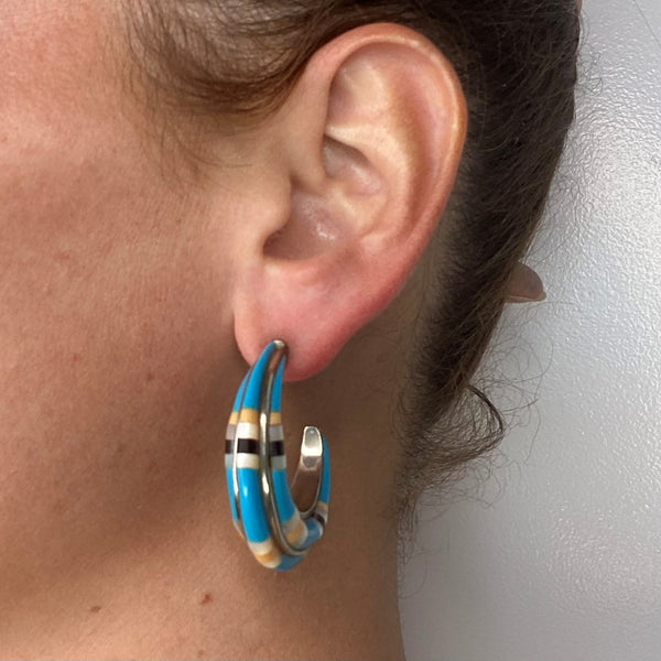 Native American 1970 Navajo Hoops Earrings In .935 Sterling Silver With Turquoises