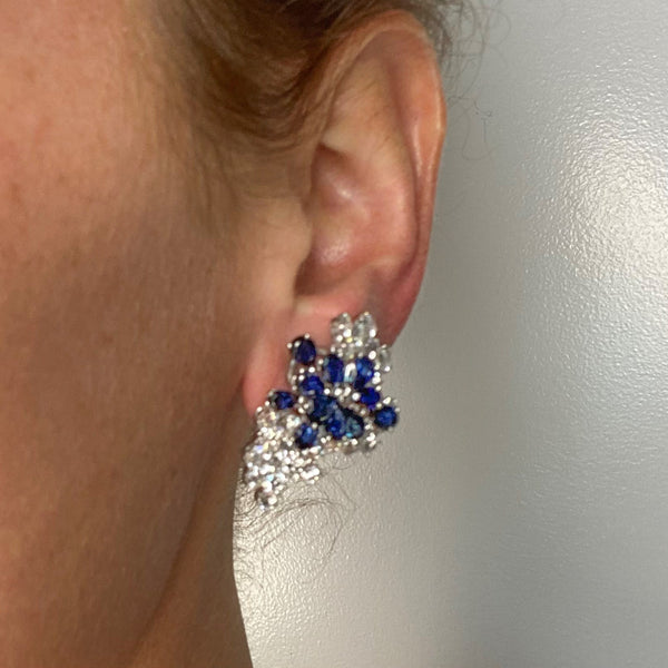 LOST Fendler Of Paris 1960 Gem Cluster Clips Earrings In Platinum With 22.67 Cts In Diamonds And Sapphires.