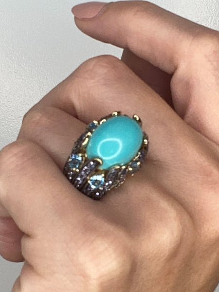 Carlo Viani Turquoise Cluster Cocktail Ring In 18Kt Gold With 26.64 Cts In Iolites And Topaz