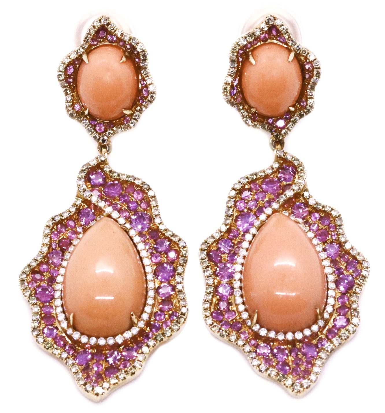 ASCOLI PICENO CORAL DROPS 18 KT EARRINGS WITH 10.56 Cts DIAMONDS & RUBIES
