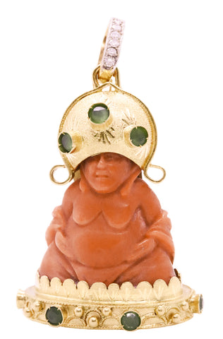 *Italian seated happy Buddha pendant in 18 kt yellow gold with red coral diamonds & emeralds