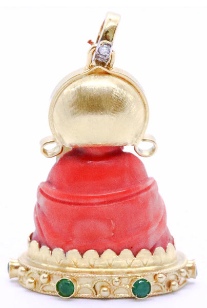 *Italian seated happy Buddha pendant in 18 kt yellow gold with red coral diamonds & emeralds