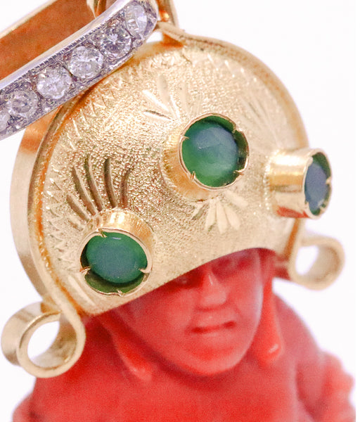 *Italian seated happy Buddha pendant in 18 kt yellow gold with red coral diamonds & emeralds