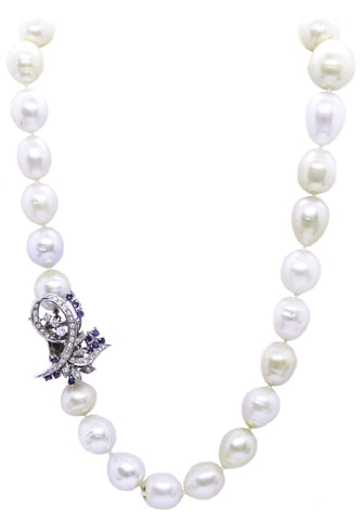 RETRO BAROQUE PEARLS NECKLACE WITH 2.91 Cts OF SAPPHIRES & DIAMONDS