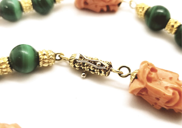 CORAL & MALACHITE 18 KT  ITALIAN LONG NECKLACE SATOUIR OF SATYRS CARVING