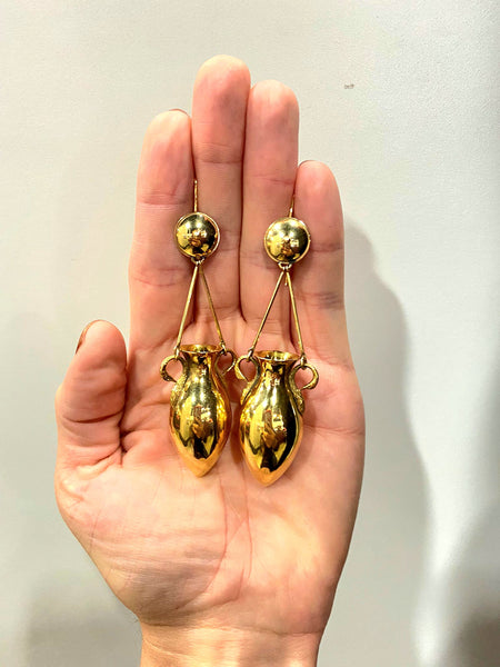 -Victorian 1880 Etruscan Revival Classic Amphoras Drop Earrings In 18 Kt Yellow Gold