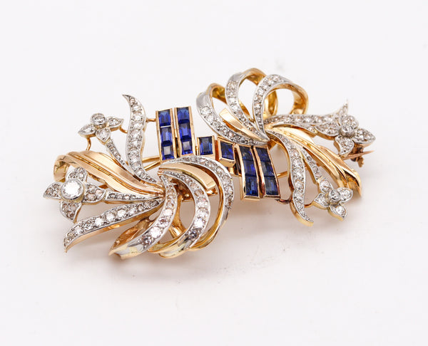 -Art Deco Retro 1935 Convertible Clips In 18Kt Gold With 7.08 Ctw In Diamonds And Spinels