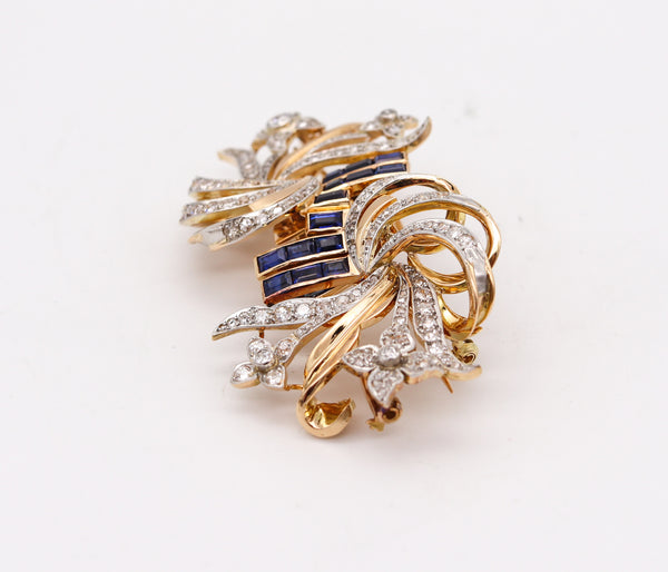 -Art Deco Retro 1935 Convertible Clips In 18Kt Gold With 7.08 Ctw In Diamonds And Spinels