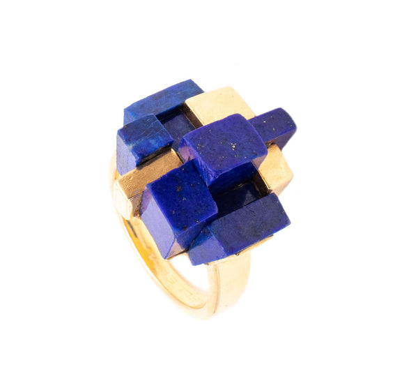 Mellerio 1970 Paris Rare Geometric 18Kt Yellow Gold Ring With Carved Lapis Lazuli