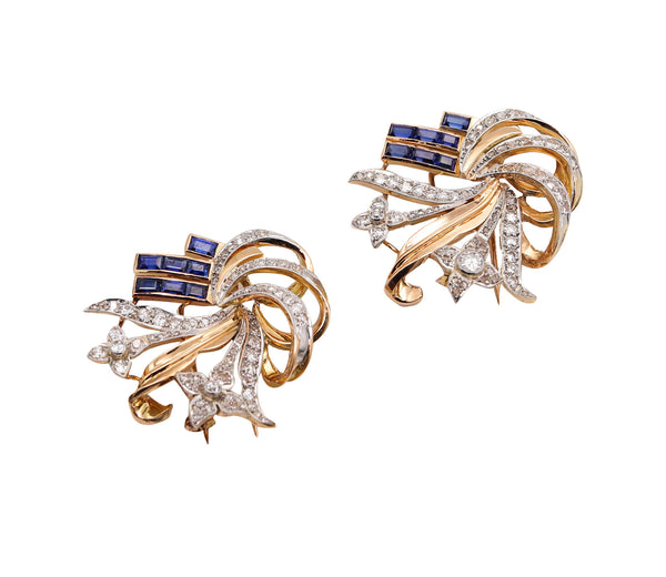 -Art Deco Retro 1935 Convertible Clips In 18Kt Gold With 7.08 Ctw In Diamonds And Spinels
