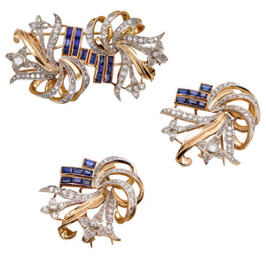 -Art Deco Retro 1935 Convertible Clips In 18Kt Gold With 7.08 Ctw In Diamonds And Spinels