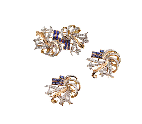 -Art Deco Retro 1935 Convertible Clips In 18Kt Gold With 7.08 Ctw In Diamonds And Spinels