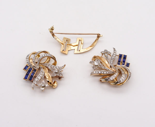 -Art Deco Retro 1935 Convertible Clips In 18Kt Gold With 7.08 Ctw In Diamonds And Spinels