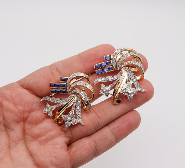 -Art Deco Retro 1935 Convertible Clips In 18Kt Gold With 7.08 Ctw In Diamonds And Spinels
