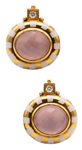 ELIZABETH GAGE RARE ENAMELED 18 KT GOLD EARRINGS WITH 20.24 Ctw IN DIAMONDS & QUARTZ