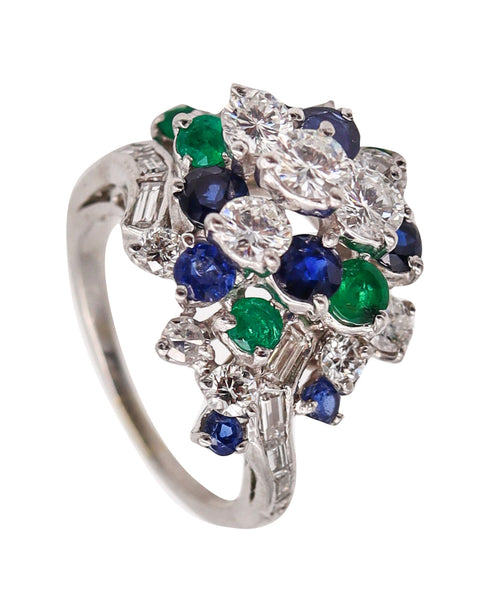 (S)-Oscar Heyman Cluster Ring In Platinum With 4.27 Ctw In Diamonds Emeralds & Sapphires