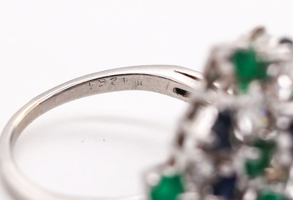 (S)-Oscar Heyman Cluster Ring In Platinum With 4.27 Ctw In Diamonds Emeralds & Sapphires