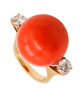 -Modernist 1970 Italian Cocktail Ring In 18Kt Yellow Gold With 27.17 Ctw Diamonds & Coral