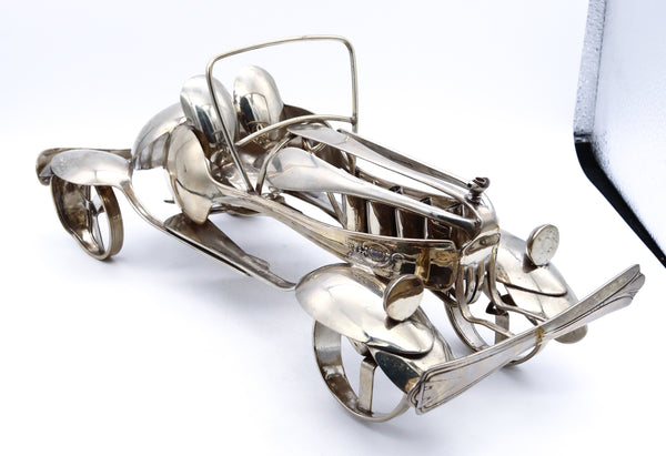 American Art And Crafts 1960 Vintage Sculpture Of A Bugatti Car Made Of Spoons