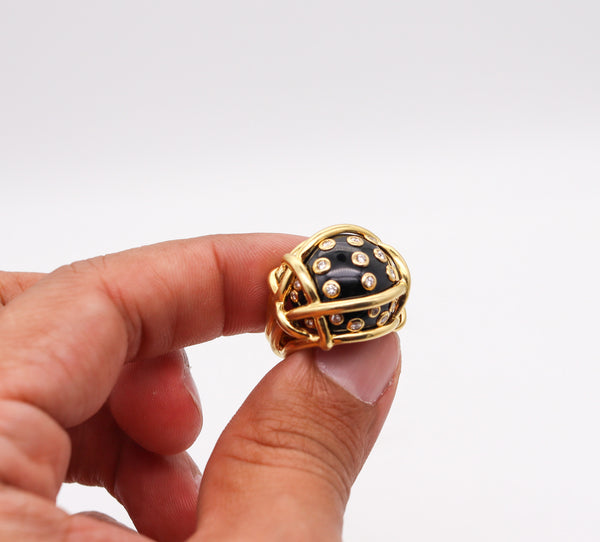 -Verdura Milan Polka Dots Ring In 18Kt Yellow Gold With 18.54 Ctw Diamonds And Black Jade