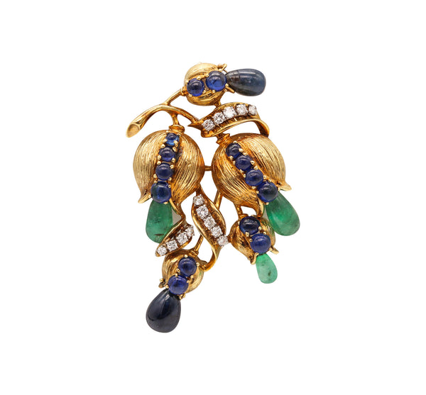 -Retro Modern 1950 Brooch In 18Kt Gold With 22.68 Ctw In Diamonds Sapphires And Emeralds