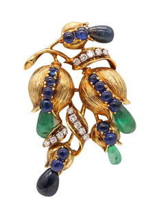 -Retro Modern 1950 Brooch In 18Kt Gold With 22.68 Ctw In Diamonds Sapphires And Emeralds
