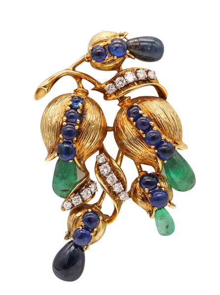 -Retro Modern 1950 Brooch In 18Kt Gold With 22.68 Ctw In Diamonds Sapphires And Emeralds