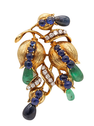 -Retro Modern 1950 Brooch In 18Kt Gold With 22.68 Ctw In Diamonds Sapphires And Emeralds