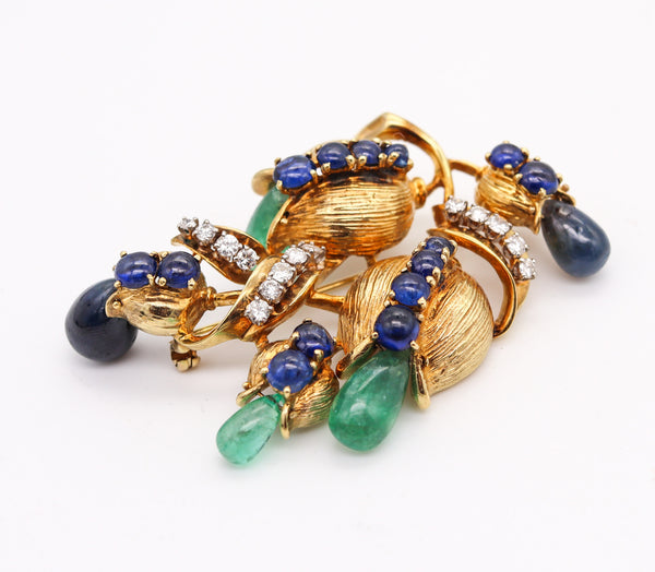 -Retro Modern 1950 Brooch In 18Kt Gold With 22.68 Ctw In Diamonds Sapphires And Emeralds