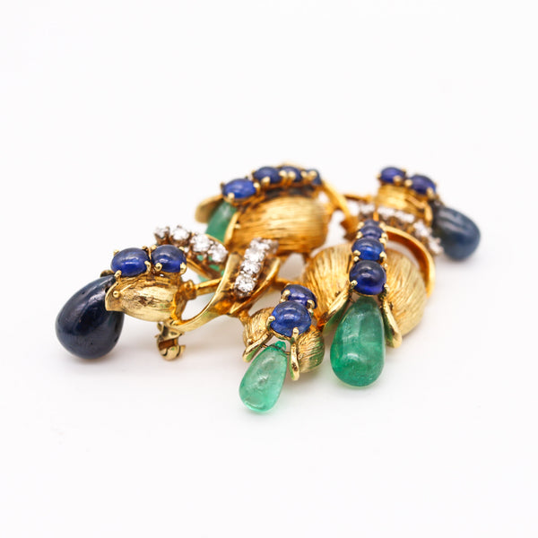 -Retro Modern 1950 Brooch In 18Kt Gold With 22.68 Ctw In Diamonds Sapphires And Emeralds