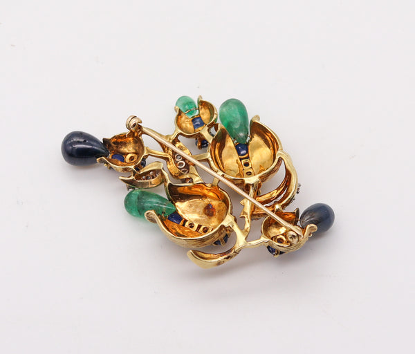 -Retro Modern 1950 Brooch In 18Kt Gold With 22.68 Ctw In Diamonds Sapphires And Emeralds