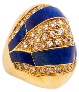 Mid Century 1960 Geometric Cocktail Ring In 18Kt Gold With 1.53 Cts In Diamonds And Lapis Lazuli