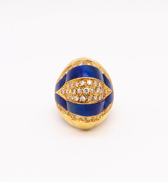 Mid Century 1960 Geometric Cocktail Ring In 18Kt Gold With 1.53 Cts In Diamonds And Lapis Lazuli