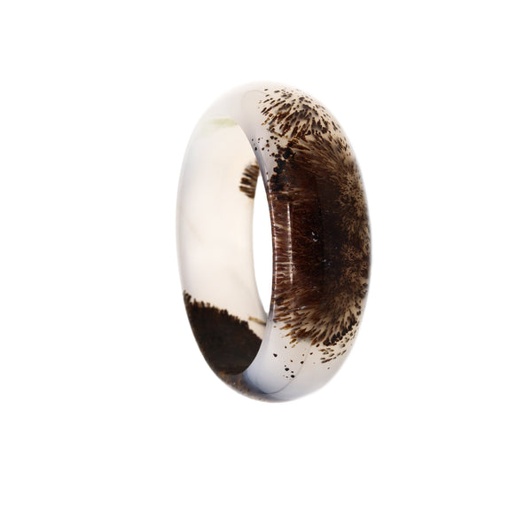 CHINESE 1920 HALF ROUND BANGLE CARVED FROM TRANSLUCENT WHITE AGATHE