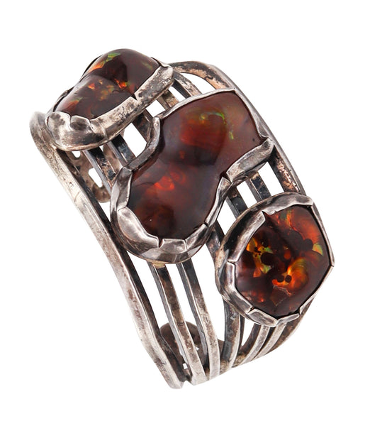 -Native American Southwest Cuff Bracelet In Sterling With Graduated Fire Opal Cabochons