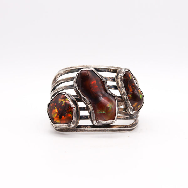 -Native American Southwest Cuff Bracelet In Sterling With Graduated Fire Opal Cabochons
