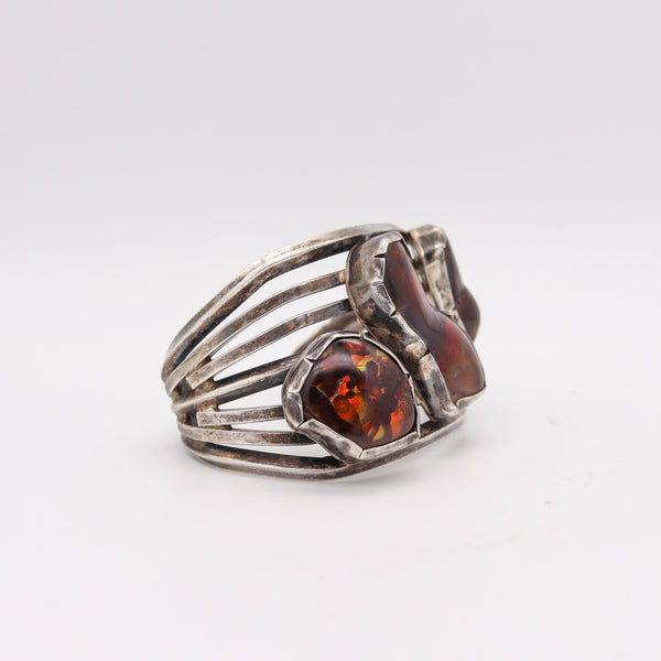 -Native American Southwest Cuff Bracelet In Sterling With Graduated Fire Opal Cabochons