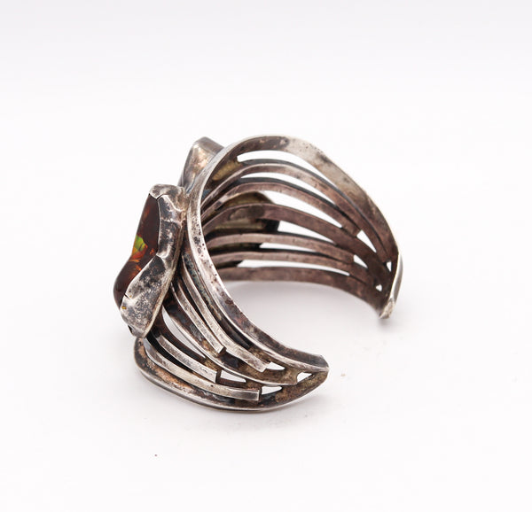 -Native American Southwest Cuff Bracelet In Sterling With Graduated Fire Opal Cabochons