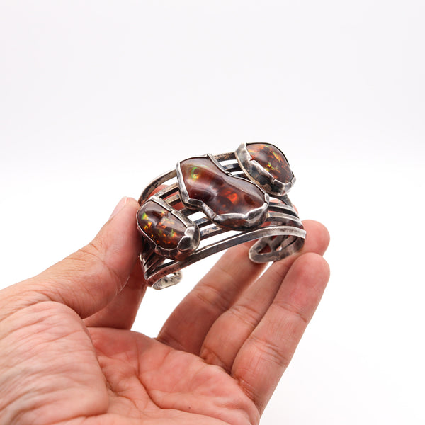 -Native American Southwest Cuff Bracelet In Sterling With Graduated Fire Opal Cabochons