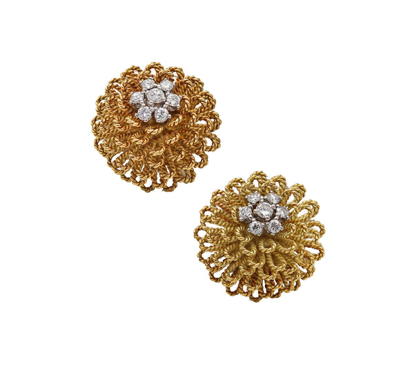 Italian Retro 1960 Modern Clips Earrings In 18kT Gold And Platinum With VS Diamonds