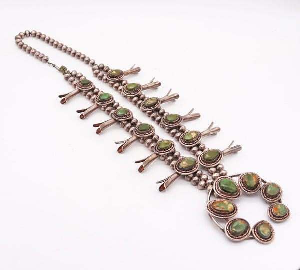 -Native American Navajo 1950 Squash Blossom Necklace Sterling And Green Turquoise