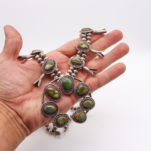 -Native American Navajo 1950 Squash Blossom Necklace Sterling And Green Turquoise