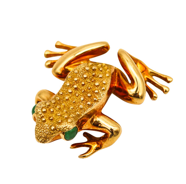 Tiffany And Co. 1989 Frog Pin Brooch In 18Kt Yellow Gold With Green Emeralds Eyes