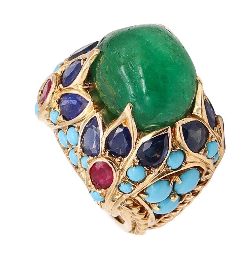 Mid Century 1960 Mughal Tutti Frutti Cocktail Ring In 18Kt Gold With 33.68 Cts In Gemstones