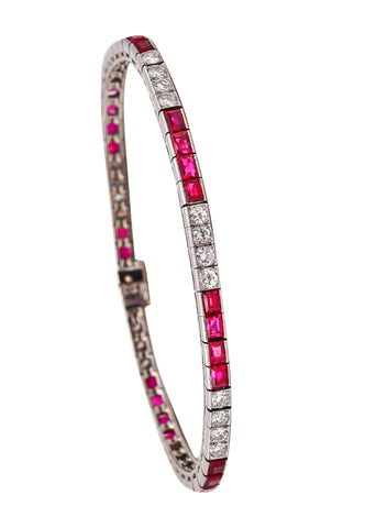 -Waslikoff And Sons 1935 Art Deco Bracelet In Platinum With 8.16 Ctw In Diamonds And Gia Certified No Heat Burmese Rubies