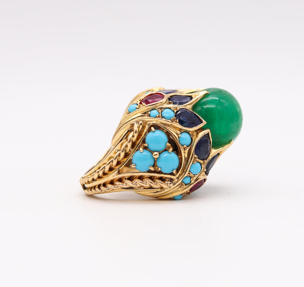 Mid Century 1960 Mughal Tutti Frutti Cocktail Ring In 18Kt Gold With 33.68 Cts In Gemstones