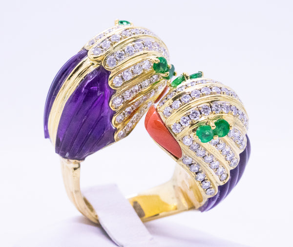 JEWELED PARROTS HEADS CROSS OVER 18 KT RING WITH DIAMONDS