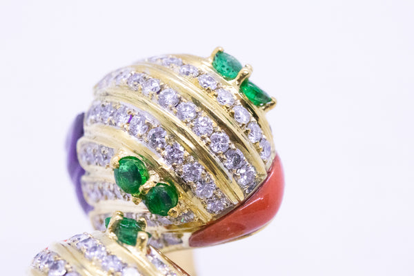 JEWELED PARROTS HEADS CROSS OVER 18 KT RING WITH DIAMONDS