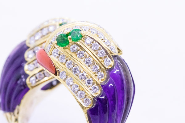 JEWELED PARROTS HEADS CROSS OVER 18 KT RING WITH DIAMONDS